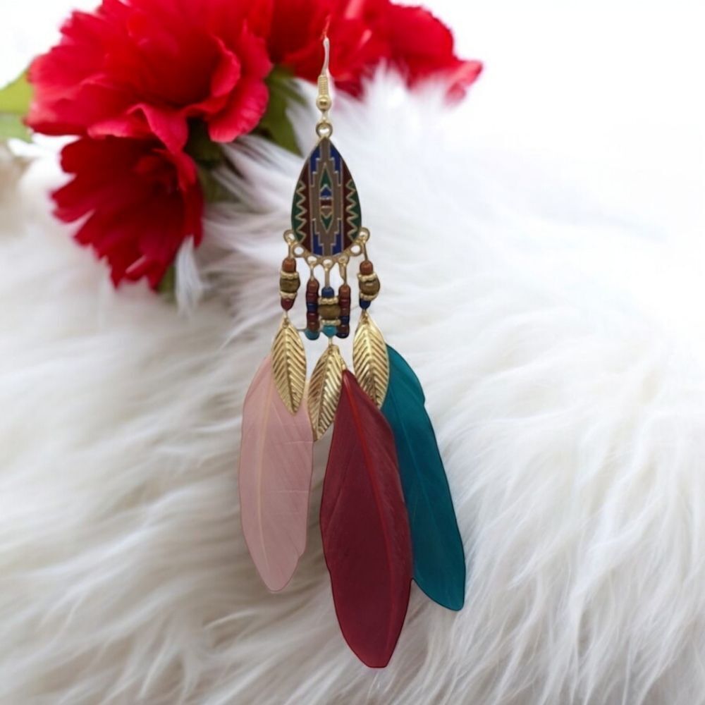 Burgundy Feather Tassel Earrings Boho Tribal Festival Dangle Gypsy Soul Rustic - Picture 3 of 7